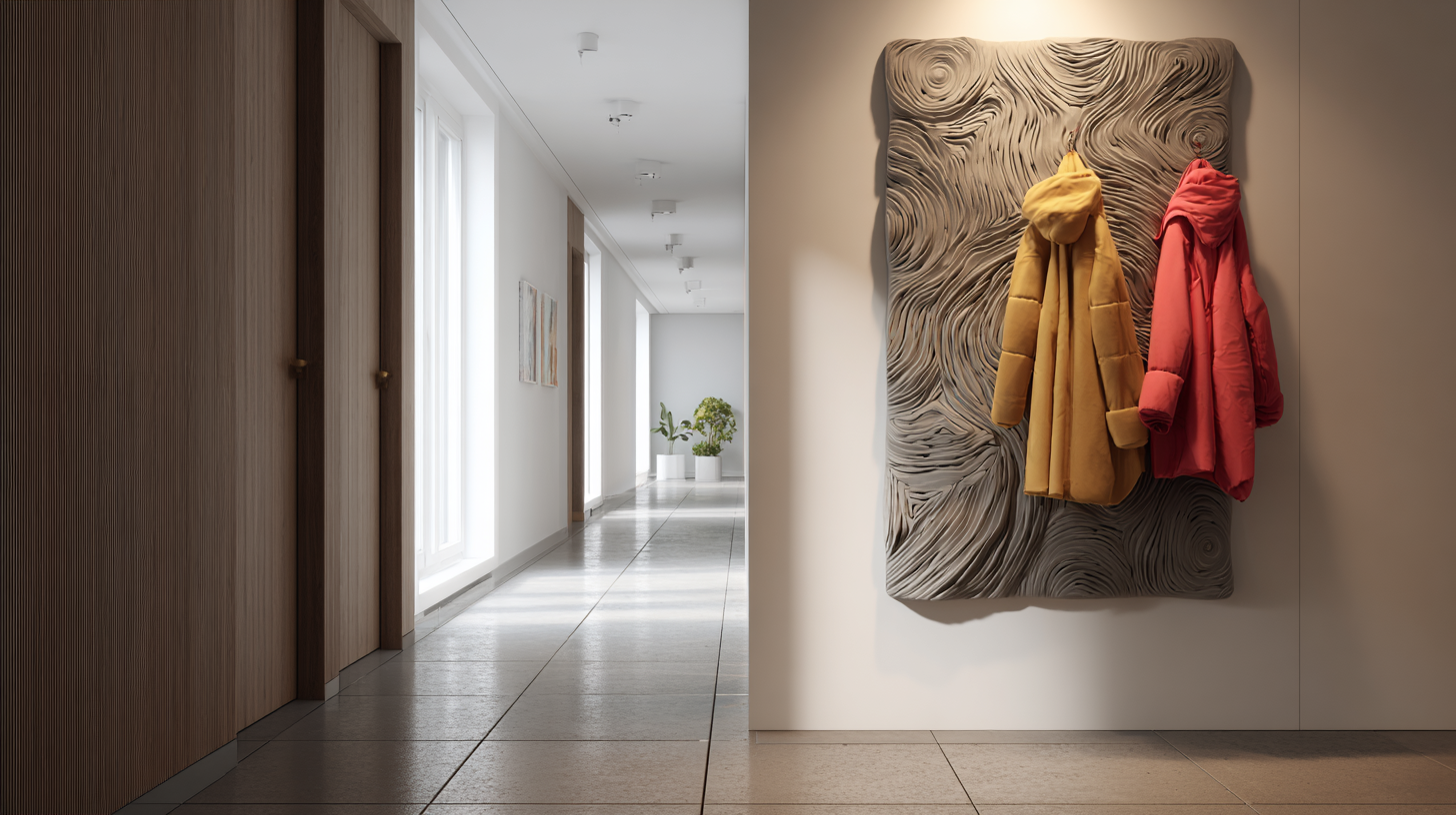 Flur mit SoundBloom-Myzel-Garderobe, organische Struktur, leise Trocknungsfunktion